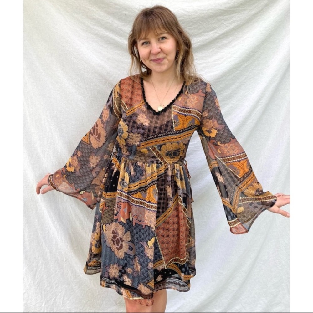 Kersh Patchwork style sheer bell sleeve midi dress